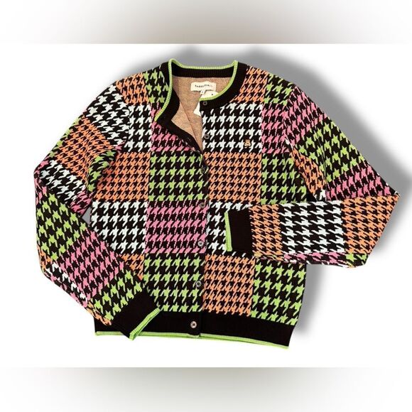 Teddy Fresh Houndstooth Cardigan Sweater Neon Colorblock Cotton H3H3 Size S - Picture 7 of 15